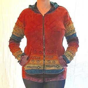Zip Hoodie - Vibrant Colors - Size S/M Patchwork Distressed Sun Hippie B…